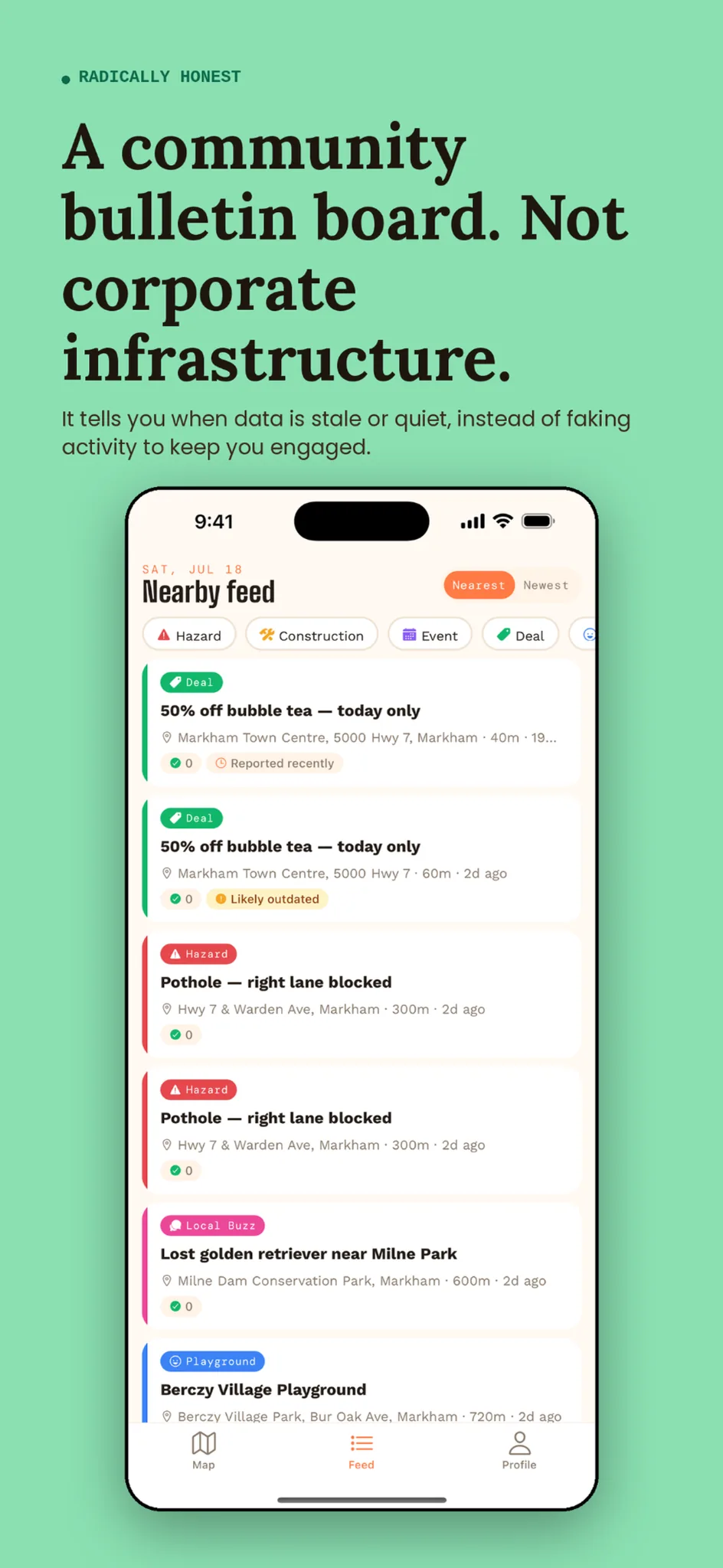 CivicBulletin nearby feed with freshness indicators